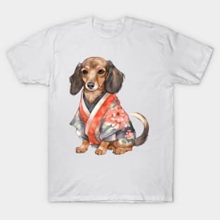 Watercolor Dachshund Dog in Kimono T-Shirt